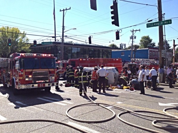 "3 car roll over at MLK and S. Jackson in front of @SeattleFire Station 6" Image via @timdurkan