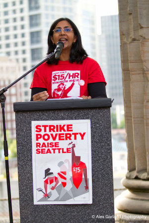 Sawant speaking at a fast food workers rally at Pillars Park in August (Image: CHS)